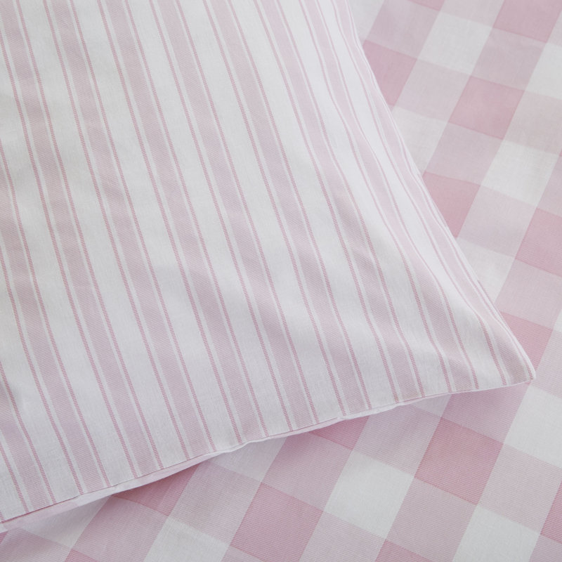 Check and Stripe Reversible 100% Cotton Duvet Cover Set with Pillowcases, Pink, Double - 2 Standard Pillowcases