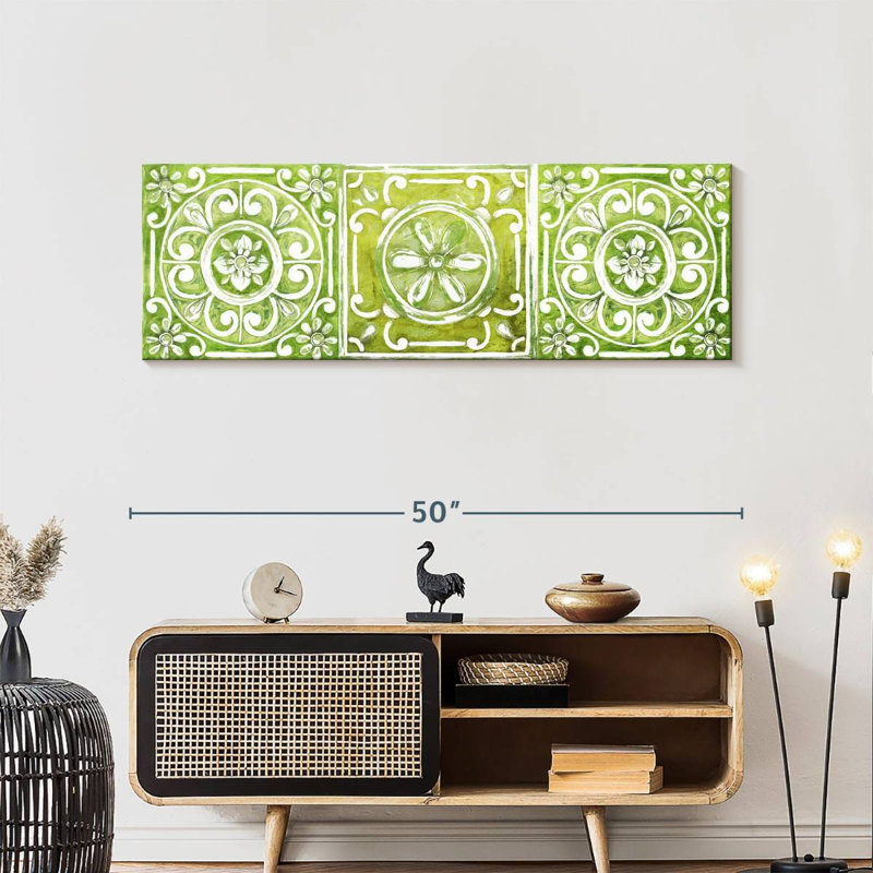 Carreaux ornementaux verts sur toile, H 16 po x l 48 po x P 1,25 po