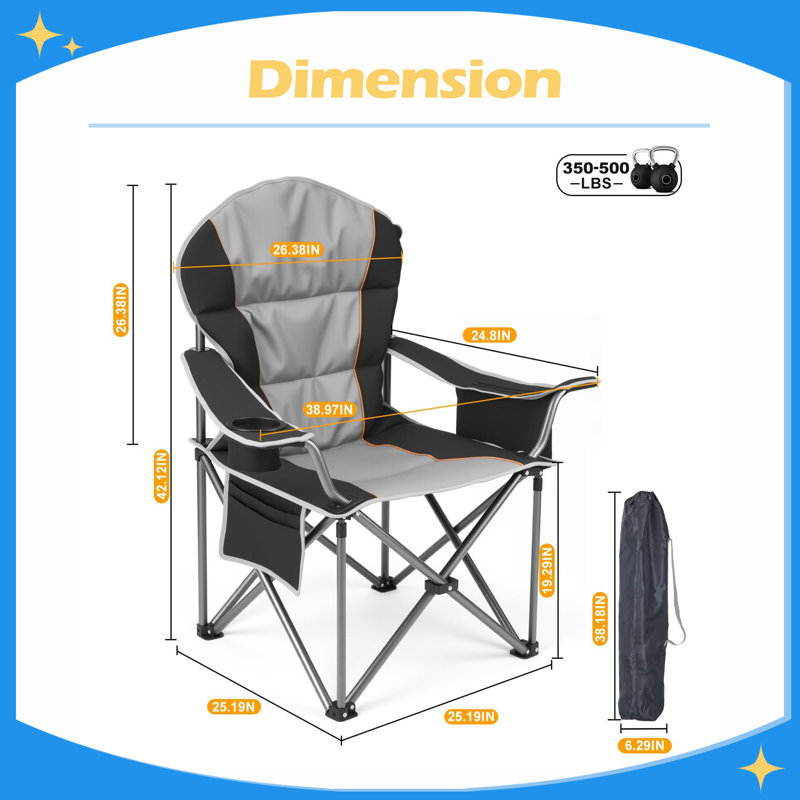 Chaise de camping pliante surdimensionnée, capacité de 500 lb, porte-gobelet et sac isotherme, portable pour l'extérieur