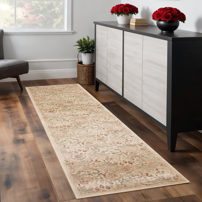 Tapis de couloir d'intérieur floral tissé à la machine ivoire 7 pi