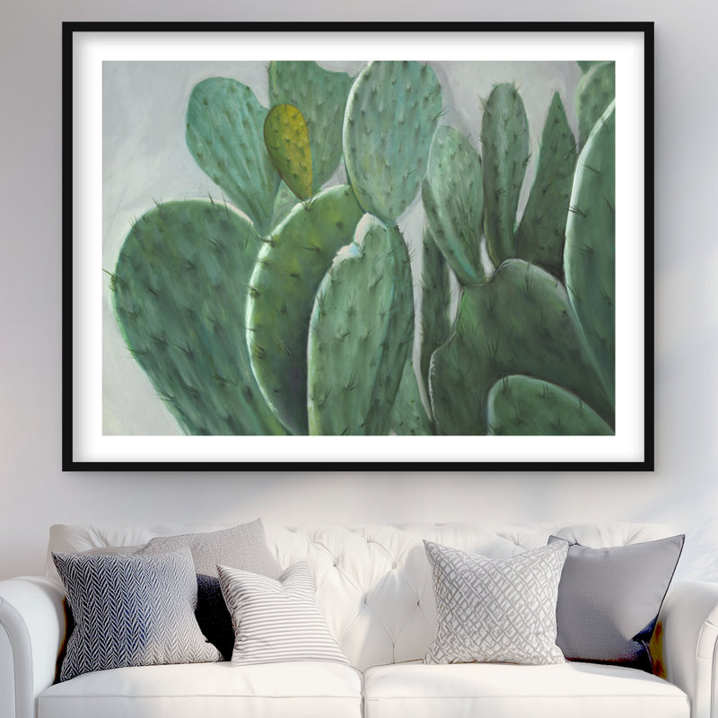 Paddle Cactus - Gray Framed Matted Print for Bedroom Decor