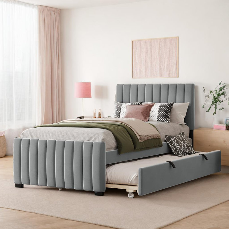 Lit plateforme en velours avec lit gigogne simple Modern, Gris, Lit simple