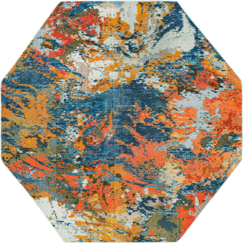 Tapis abstrait orange / bleu Octagon, Octogone 7 pi 10 po x 7 pi 10 po