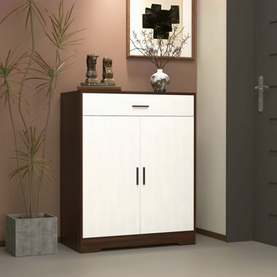 Range-chaussures, range-chaussures à 4 niveaux avec 1 tiroir, range-chaussures autoportant en bois avec 2 portes blanches et tablettes réglables pour le vestibule
