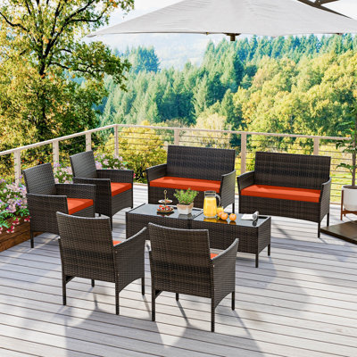 8 Pcs Patio Furniture Set With Washable Cushions And Tempered Glass Coffee Table