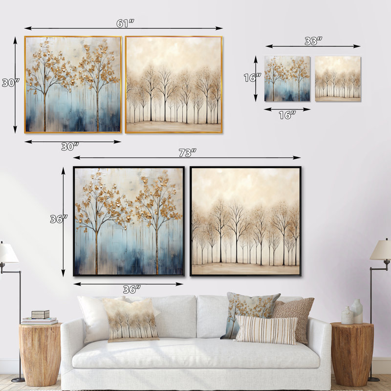Minimalisme, arbres dorés et bleus scène VI - ensemble de 2 arbres carrés, Cadre flottant noir, H 16 po x l 33 po