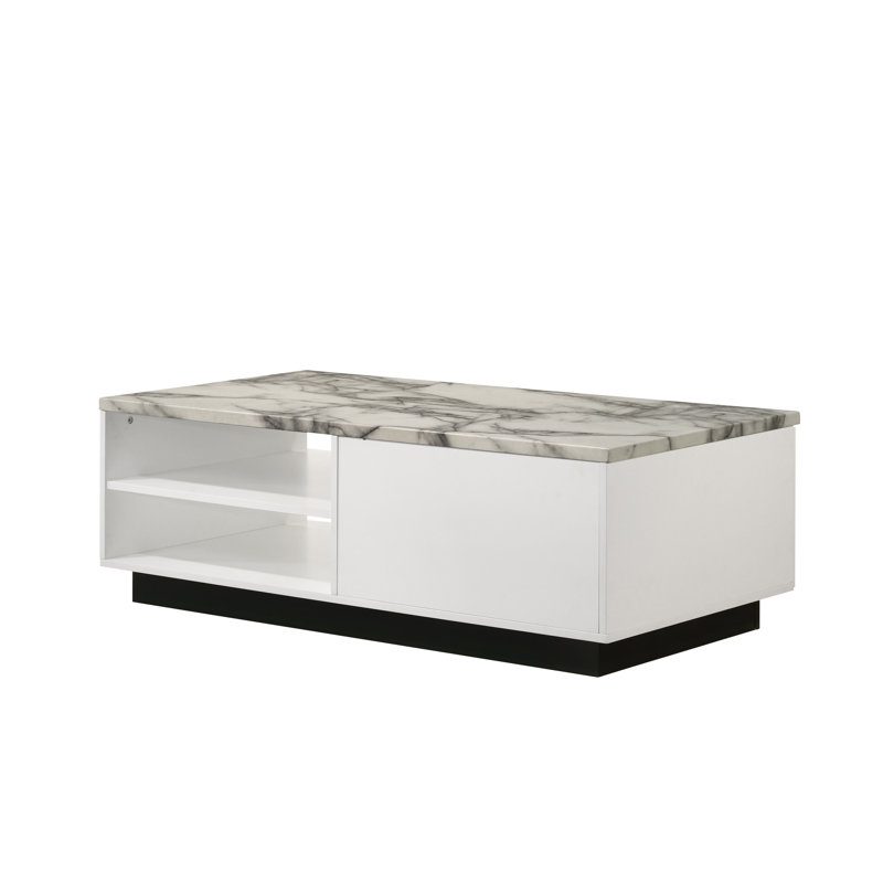Table basse luxueuse en faux marbre blanc avec tablette organisée et base noire contrastante de 47 po