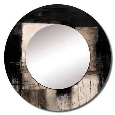 Racie Black Mid Century Fusion IV - Midcentury Modern Wall Mirror, Gray Round Decorative Mirror, Printed Metal Art