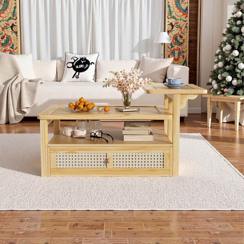 Table basse 38,5 W en panneau de fibres à densité moyenne avec tiroir réglable en rotin et 2 plateaux pour le salon, Naturel