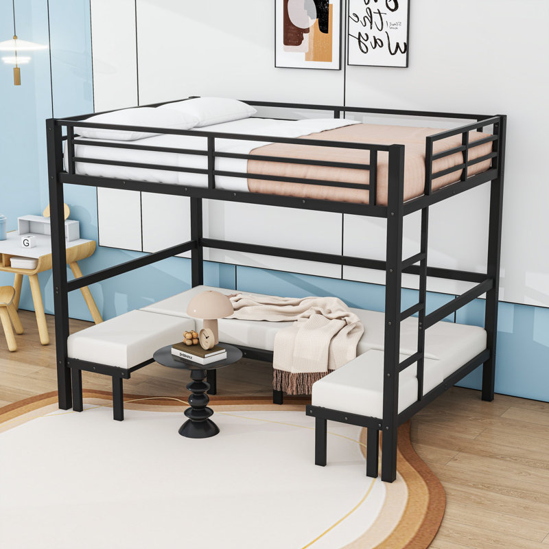 Metal Bunk Bed with Full Rail Top, Pull-Out Lower Bunk, and U-Shaped Sofa Design, Queen Over Queen