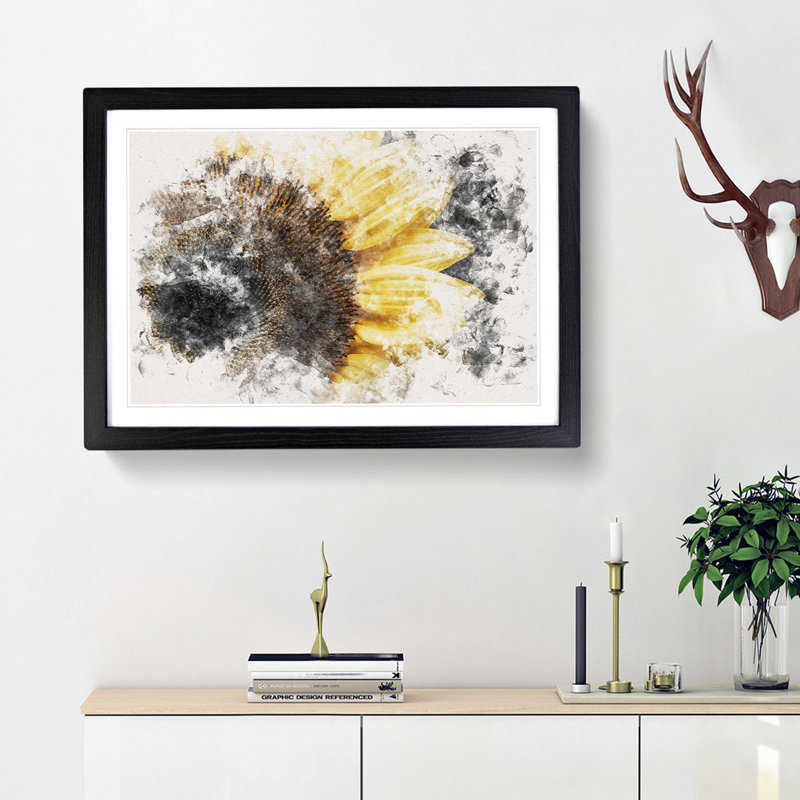 Yellow Sunflower Rising Watercolour - Framed Print, 45cm H x 63cm W x 2cm D, Black