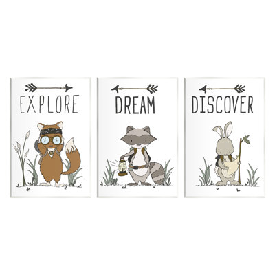 Explore Dream Discover Arrows Motivational Kids Animals by Sweet Melody Designs -3 Piece Unframed Graphic Art on MDF Set -  Stupell Industries, a3-157_wd_3pc_10x15