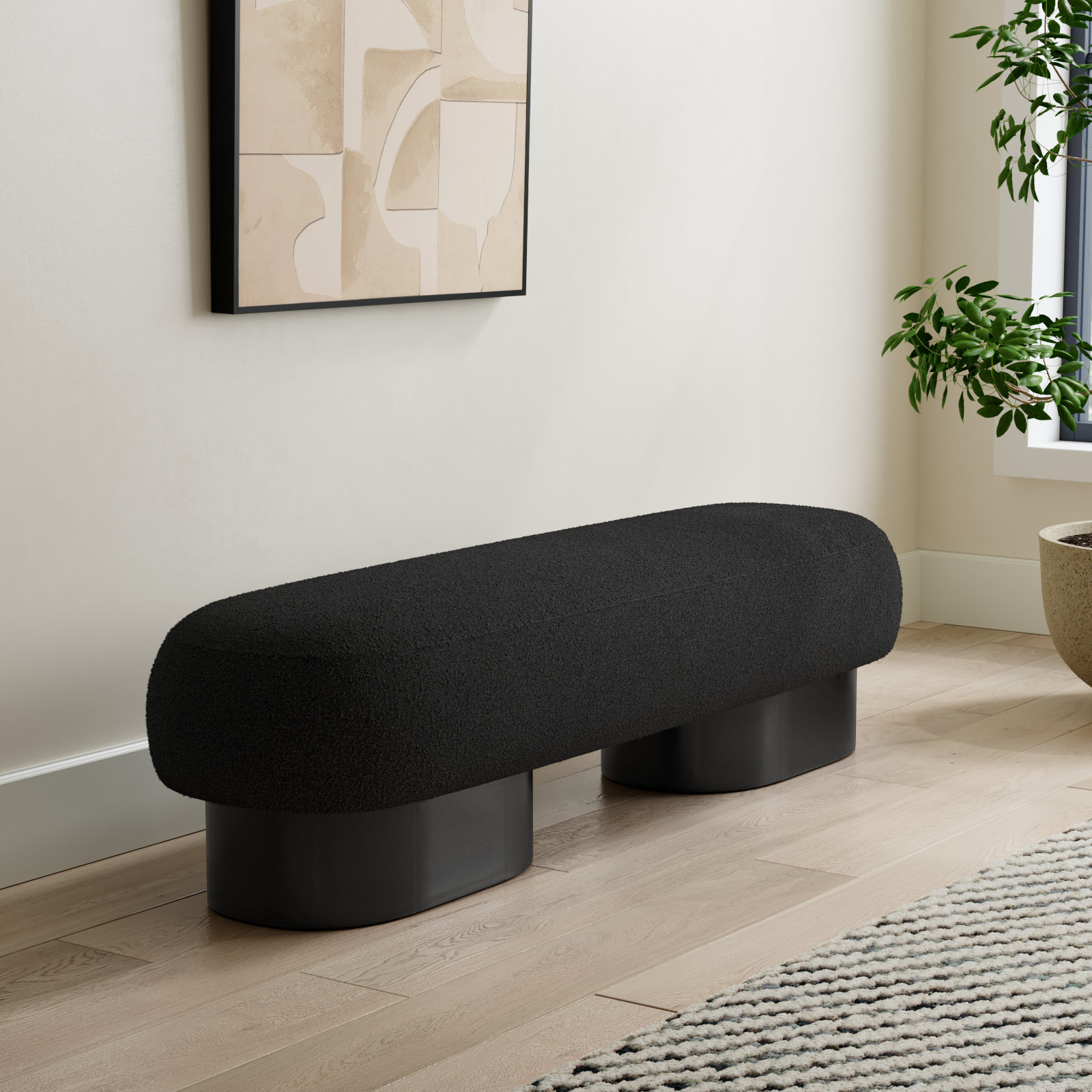 Denyer 61" Bedroom Bench, Black, Black Boucle Fabric