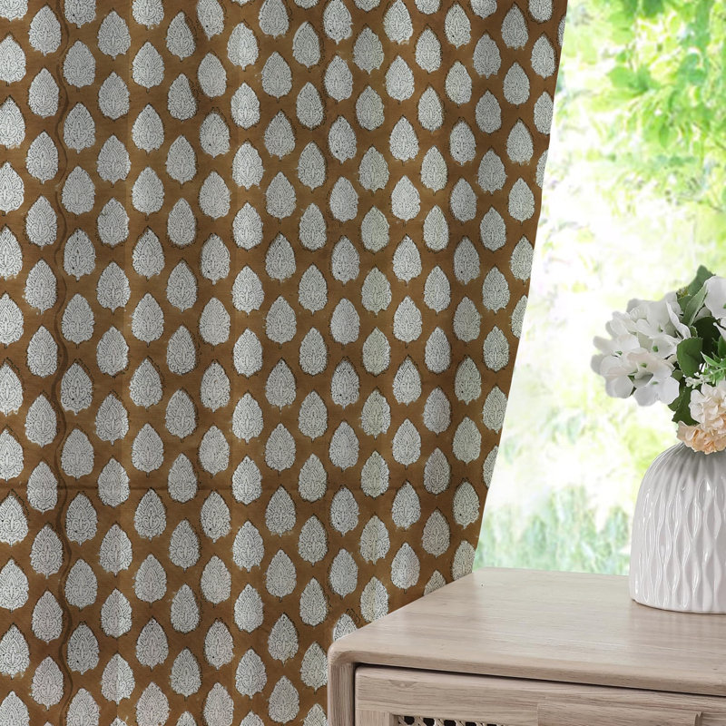 Fabdivine Brown Elegant Floral Block Print Hook Curtains 27x29 Inches, Soft Thick Cotton White Pleated Pinch Drapes for Home, Office, Window, Stylish Room Darkening, Betal Leaf