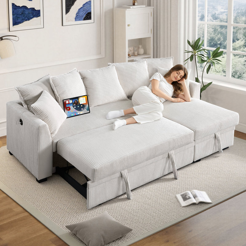 Canapé-lit modulaire convertible de 83 po en velours côtelé avec charge USB