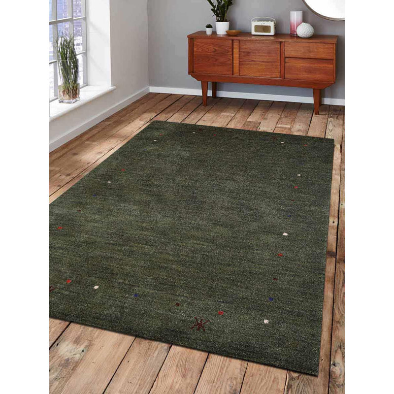 Tapis écologiques en laine noué à la main Overbey - Rectangle, couleur verte, design moderne contemporain, tapis épais antidérapants faits à la main pour salon, chambre à coucher