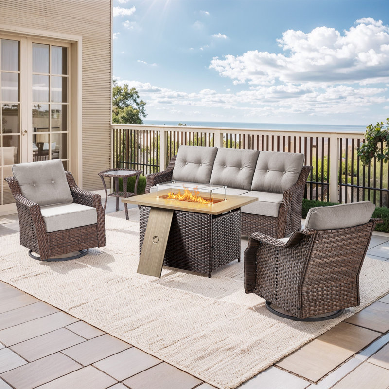 Lisandro 5-Piece All-Weather Outdoor Wicker Rectangle Fire Pit Conversation Set With Swivel Gliders And Side Table For Patio＆Garden