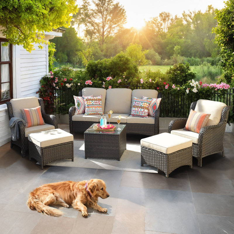 Amerissa 5 - Person Patio Conversation Set with Cushions, Beige, Brown