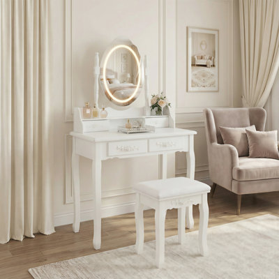 Bureau de coiffeuse blanc avec miroir, tabouret rembourré, 4 tiroirs, DEL, rangement spacieux, sièges confortables, matériau, structure stable, pieds de maquillage faciles à assembler, installation