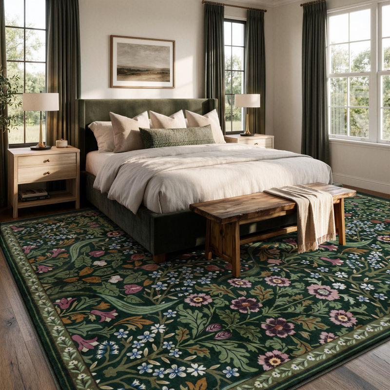 Tapis lavable à motif floral Kaldi, Vert, Rectangle 9 pi x 12 pi
