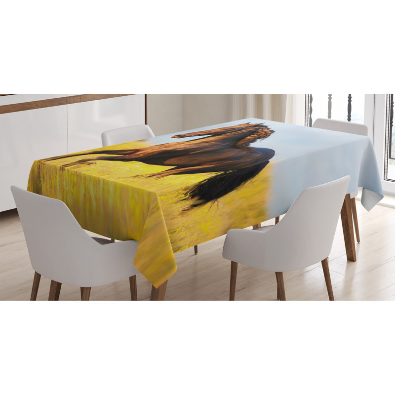 Ambesonne Horses Tablecloth, Friesian Horse With Mane Gallops In Meadow  Mystery Vitality Horse, Rectangular Table Cover For Dining Room Kitchen Decor, 52" X 70", Yellow Brown Blue