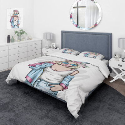 Jeune femme élégante avec lunettes de soleil II - ensemble de housse de couette moderne - microfibre de polyester