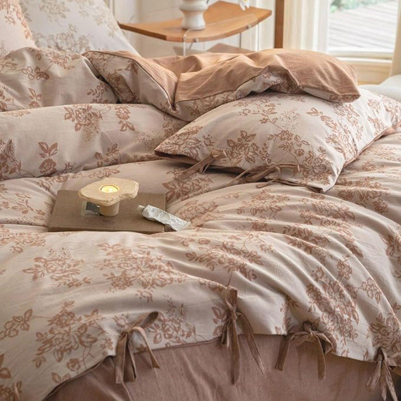 Retro Monet Linen Bowknot Cotton Duvet Cover Set, Queen Duvet Cover + 2 Queen Pillowcases, Pumpkin