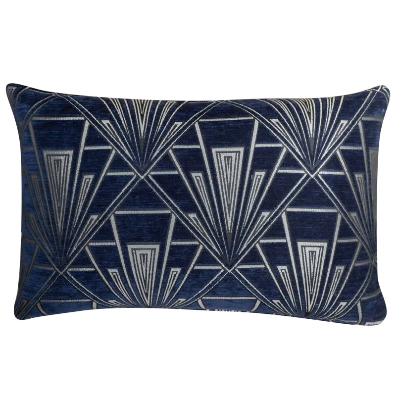 Art Deco Geometric Velvet Chenille Cushion in Navy Blue, Synthetic filled, 58x38cm
