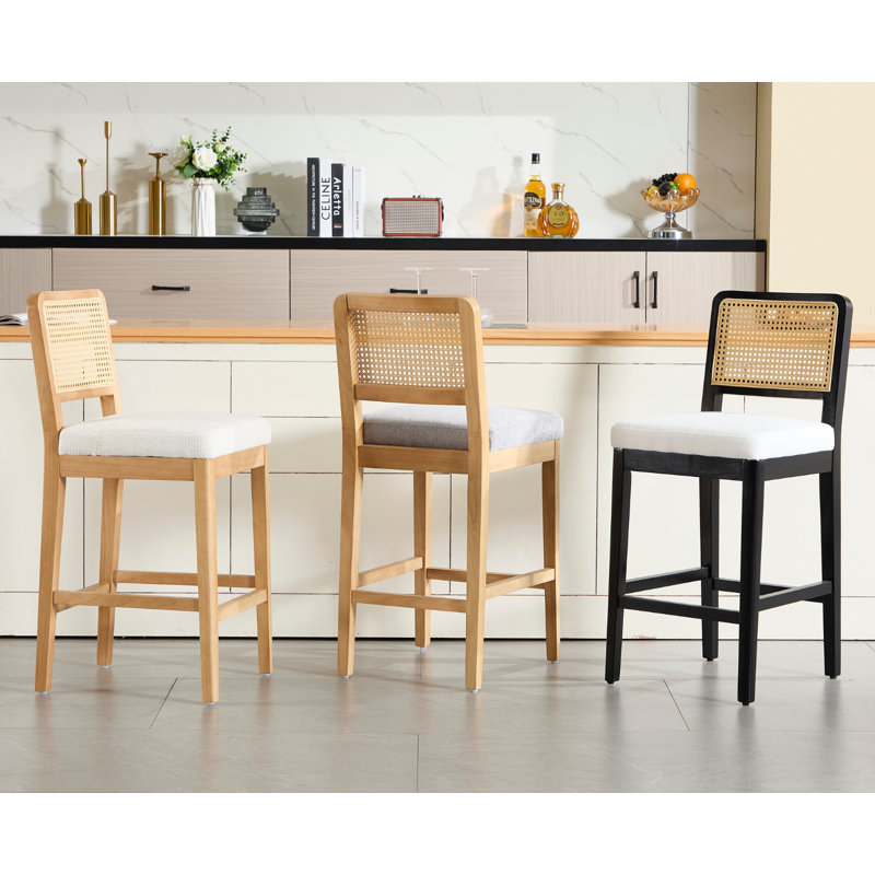 Upholstered Bar Stool with Solid Wood Frame, Natural, White Chenille