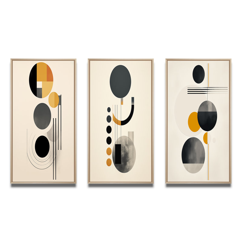«Minimal Circular Geometric Illustration I», 3 pièces sur toile, Cadre naturel flottant, H 40 po x l 60 po