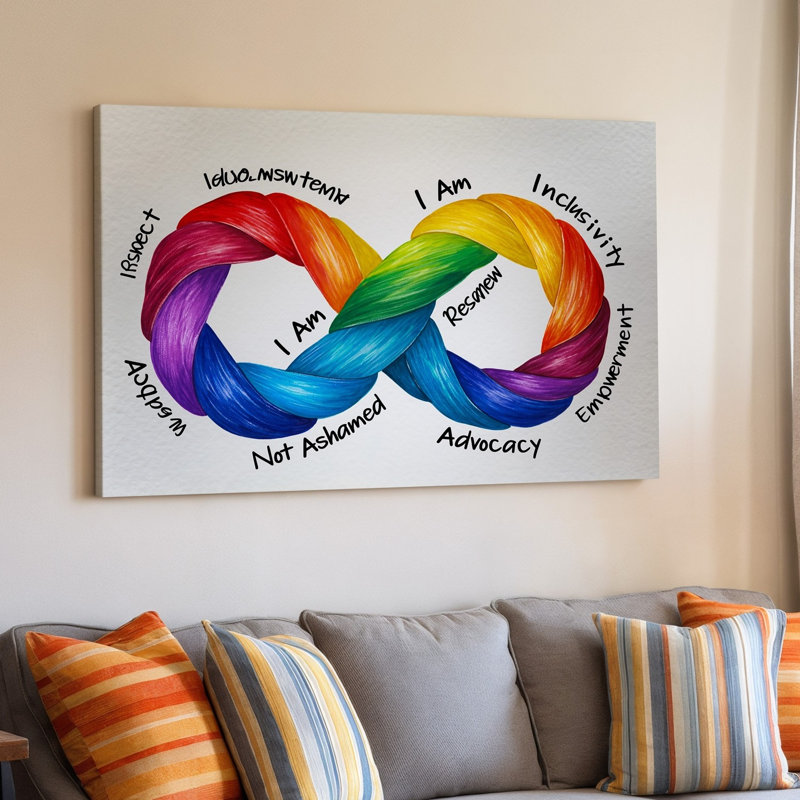 La toile crée une conception abstraite vibrante et colorée mettant en vedette un symbole d'art infini composé de rubans entrelacés dans une toile