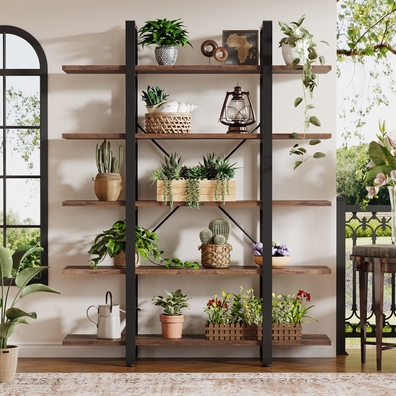 Industrial 5-Tier Bookcase, Metal Frame Open Shelf With X-Back Design, 71" Tall Storage Shelves For Living Room, Home Office