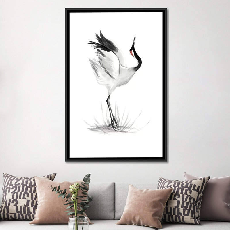 « japanese grues i », impression sur toile, H 26 po x l 18 po x P 1,5 po, Toile avec cadre noir, Pas de tapis
