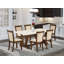 Ensemble de 6 pièces - table de salle à manger avec dessus en lin blanc et base en tréteaux avec banc en bois et 4 chaises de salle à manger en tissu de lin - Finition jacobine patinée-2028806496-2093930299