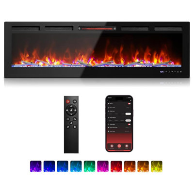 Foyer électrique intelligent avec télécommande et Alexa / Wi-Fi, foyer électrique encastré mural encastré de 72 pouces noir - 30 options de couleur / flamme réalistes, chauffage 1500W