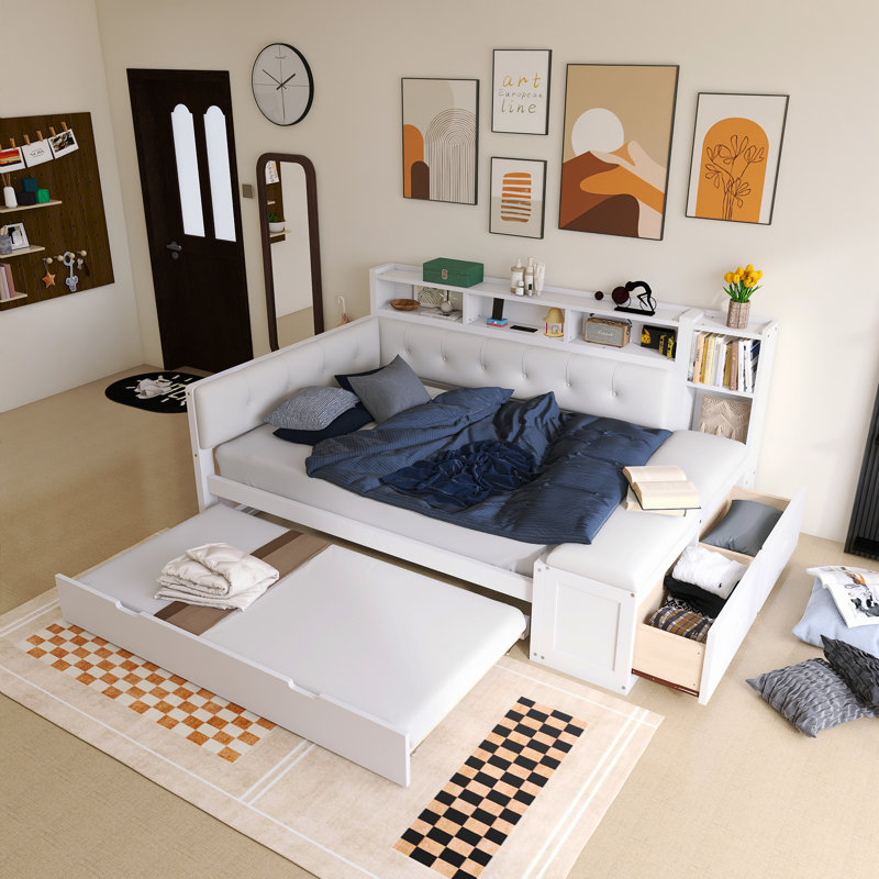 Lit de jour rembourré en bois avec station de charge, couchette et tablettes, White