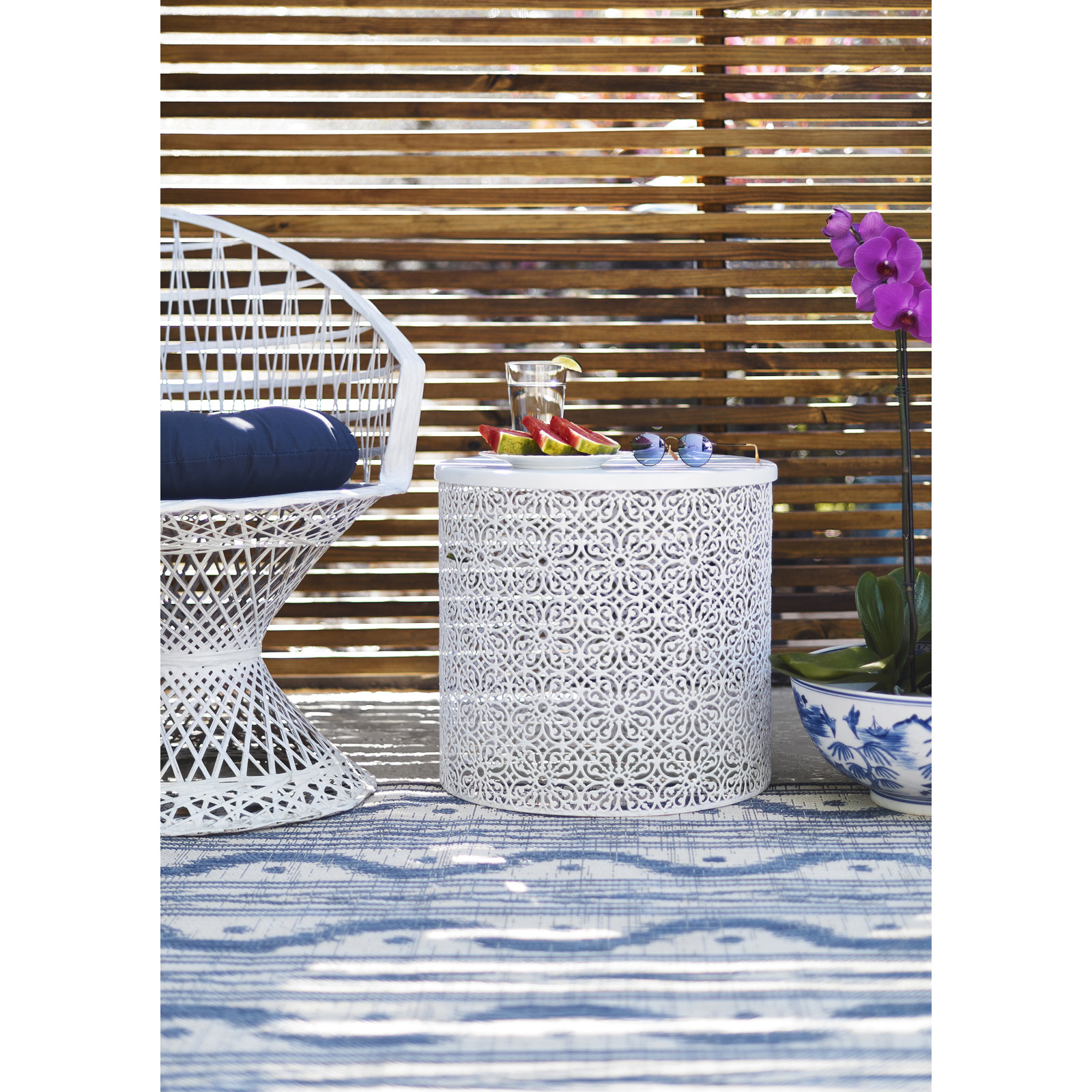 Karini Blue White Ikat Outdoor Rug, Rectangle 3'3" x 5'