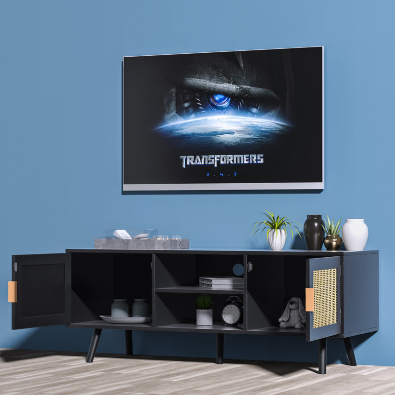 Meuble télé noir jusqu'à 55 po avec console de rangement en rotin pour téléviseur