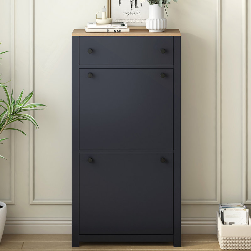 Rangement pour chaussures, organisateur de vestibule fonctionnel avec 2 tiroirs rabattables, armoire à chaussures à motif grain de bois avec tiroir, étagère à chaussures autoportante avec panneau réglable pour le couloir