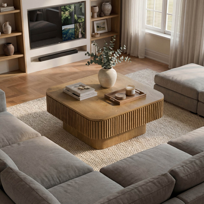 Table basse 31,5 pouces carrée avec rangement, table d'appoint moderne en placage de bois massif brun