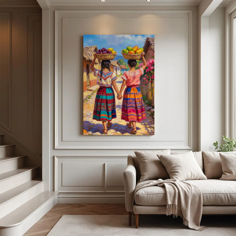 Tableau sur toile « Sœurs de la Moisson », art populaire vibrant, impression sur châssis entoilé 61 x 91 cm, décoration murale orange et or sur le thème de la sororité folklorique pour salle à manger, salon et cuisine