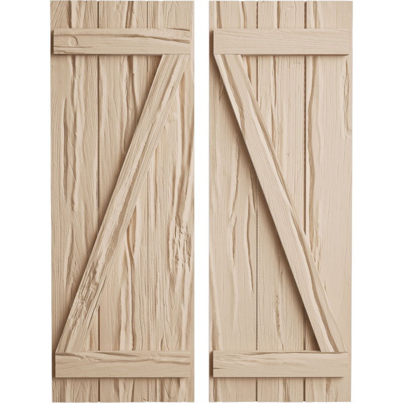 Volets en faux bois avec planche en Z, Texture Riverwood / brun clair apprêté, 16", H 32 po x l 16,5 po x P 1 po