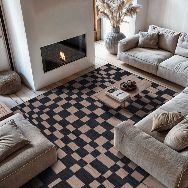 Tapis à carreaux gris ardoise, lavable à la machine, en polyester avec envers antidérapant, 9 pi x 12 pi
