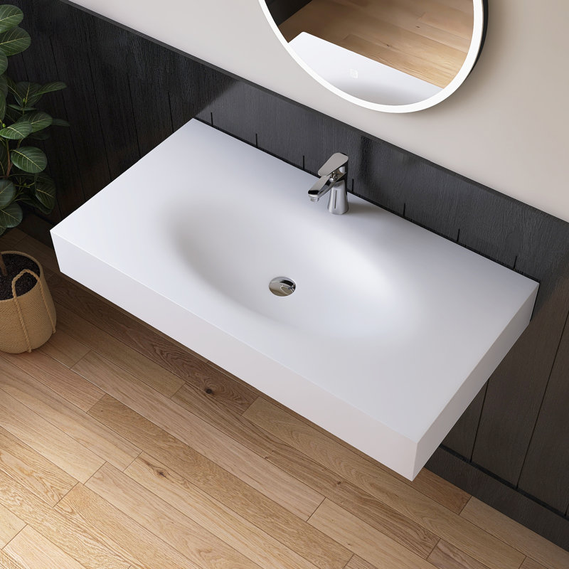 42'' Wall Mounted Bathroom Sink Solid Surface Rectangular Bathroom Sink With Faucet Hole
