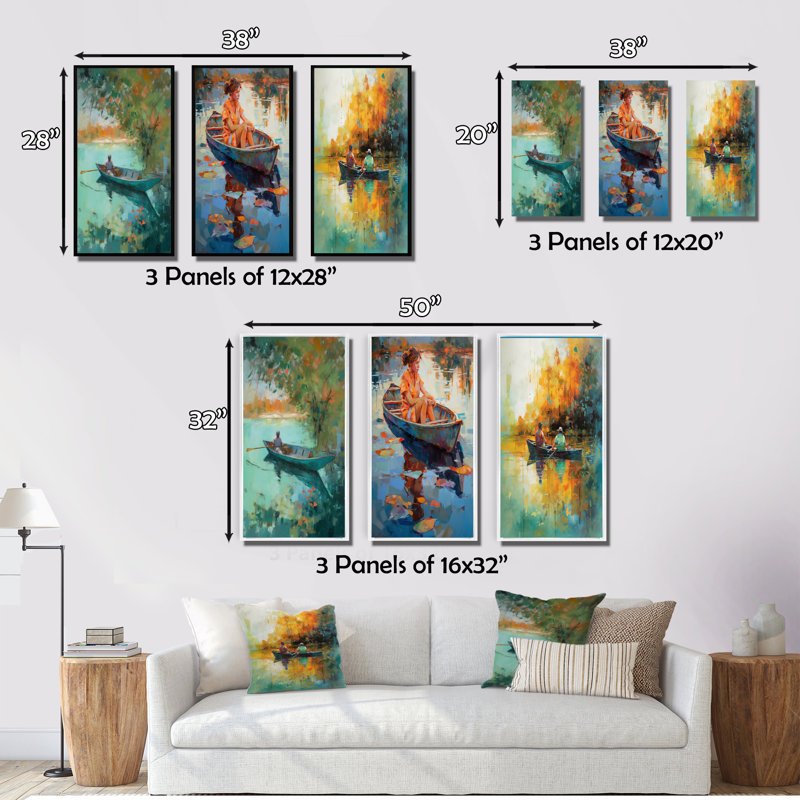 «Autumn Lake Full Moon Serenity Dinghy Rowing I», 3 pièces sur toile, Toile tendue, H 28 po x l 36 po