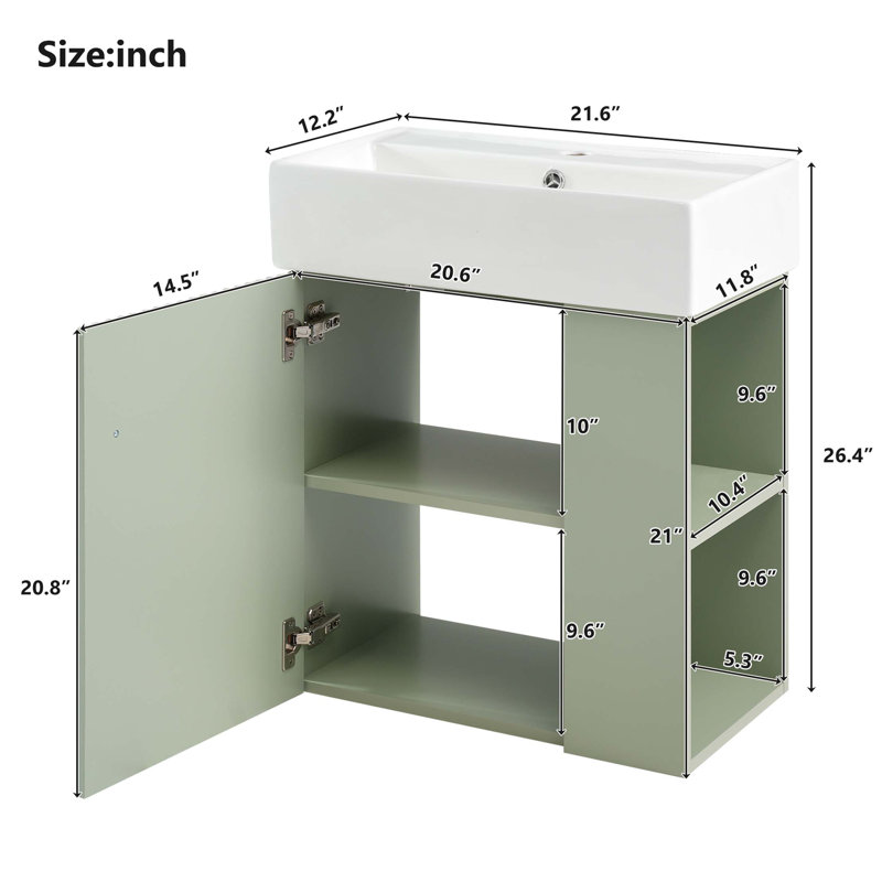 Meuble-lavabo flottant moderne de 21,6 po avec lavabo en céramique - parfait pour les petites salles de bain, rangement à droite