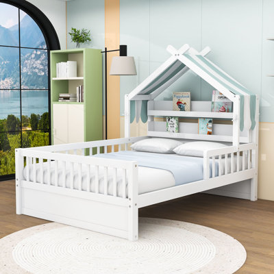 Wood House Bed with Storage Headboard