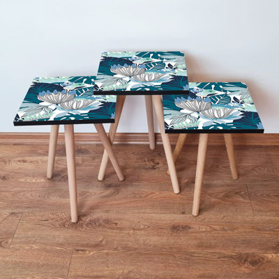 Modern Nesting Table Set (3 Pieces), White, Black, Navy Blue & Blue | 100% MDF with Beech Wood Legs, Bigger Table: 13.8 x 20.5 x 13.8 in, Medium: 13.8 x 18.5 x 13.8 in, Smaller: 13.8 x 16.5 x 13.8 in | Stylish & Functional for Home Décor