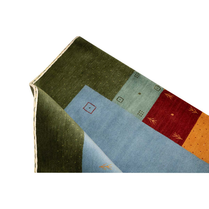 Tapis gris / bleu / rouge noué à la main de haute qualité et unique