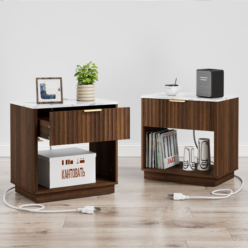 Schaitman 23.6''w 1-drawer Nightstand With Open Cubby, Wood Nightstand With Built-in Outlets (set Of 2), Walnut